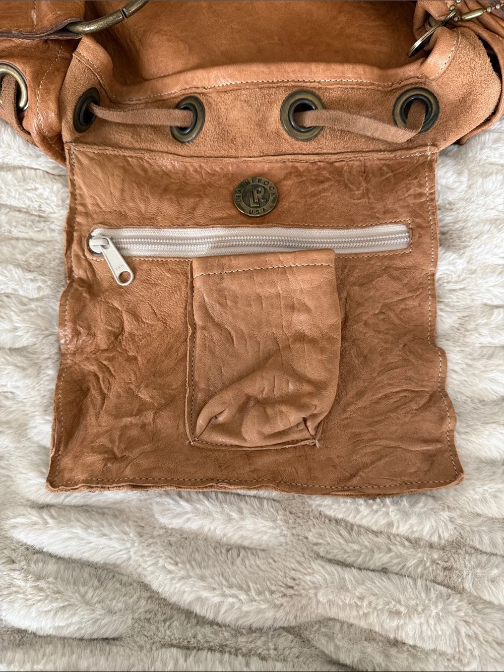 Leather Rock Cognac Drawstring Hobo Bag with Woven Strap